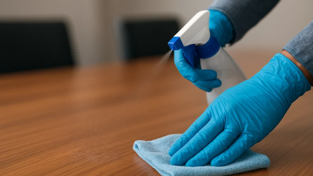 Schoonmaken van een houten vergadertafel