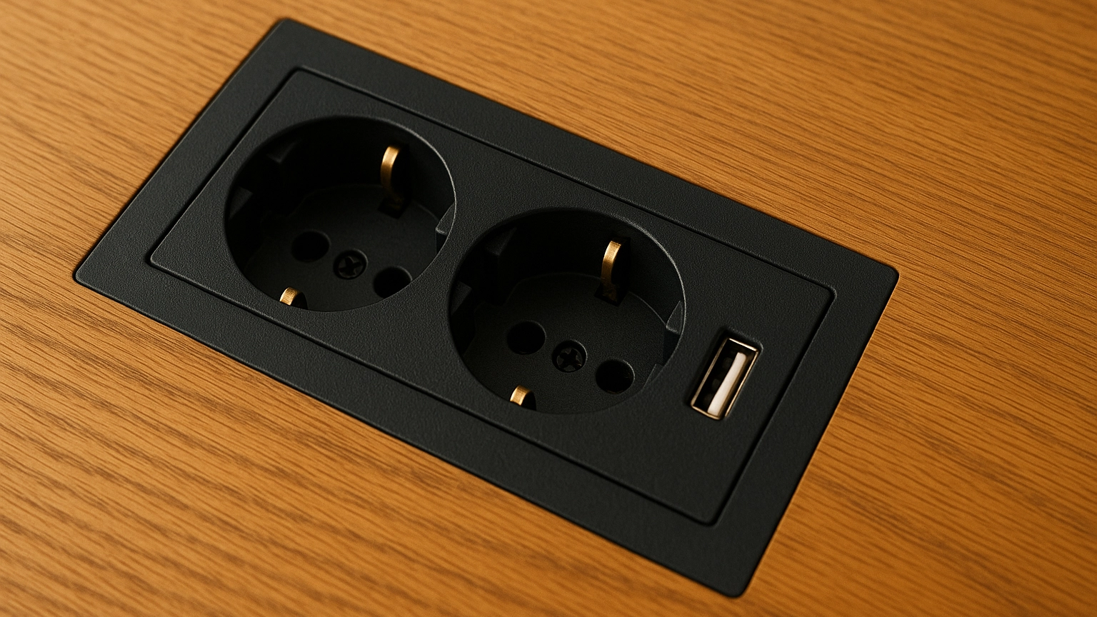 Stopcontact met usb-poort verwerkt in tafelblad voor professioneel kabelmanagement